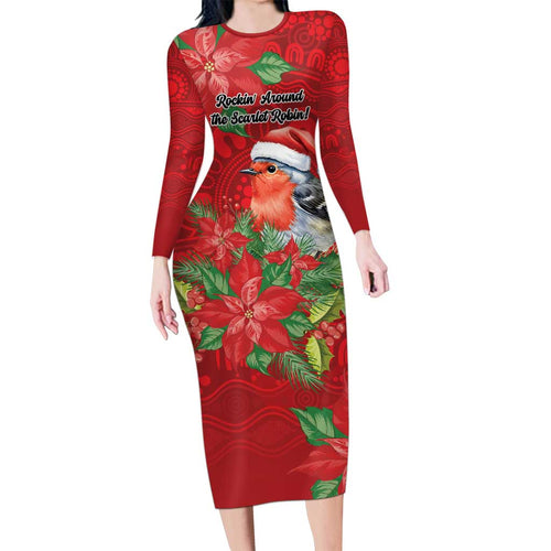 Australian Scarlet Robin Long Sleeve Bodycon Dress Aboriginal Inspired Christmas - Aussie Hoodie