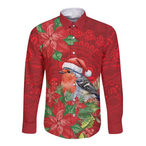 Australian Scarlet Robin Long Sleeve Button Shirt Aboriginal Inspired Christmas - Aussie Hoodie
