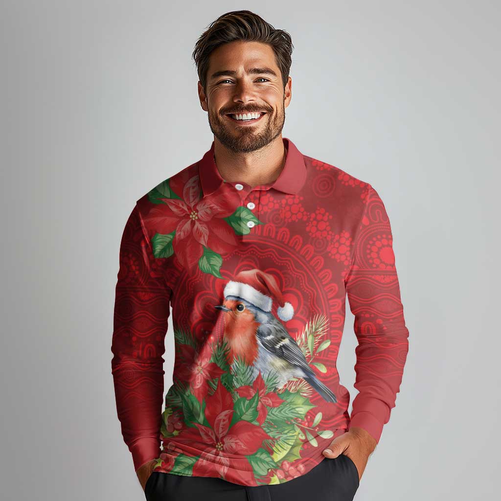 Australian Scarlet Robin Long Sleeve Polo Shirt Aboriginal Inspired Christmas - Aussie Hoodie