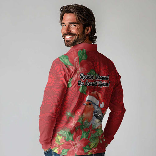 Australian Scarlet Robin Long Sleeve Polo Shirt Aboriginal Inspired Christmas - Aussie Hoodie