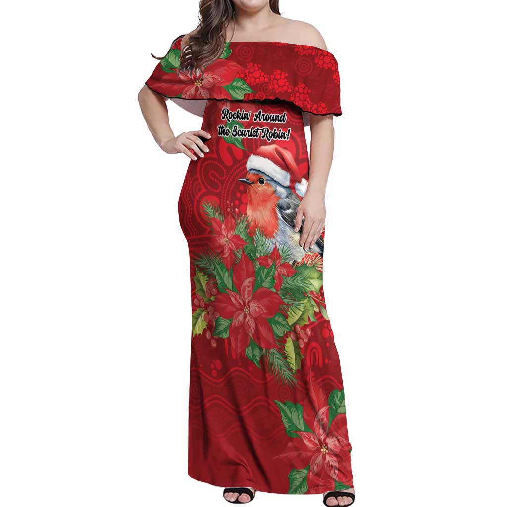 Australian Scarlet Robin Off Shoulder Maxi Dress Aboriginal Inspired Christmas - Aussie Hoodie