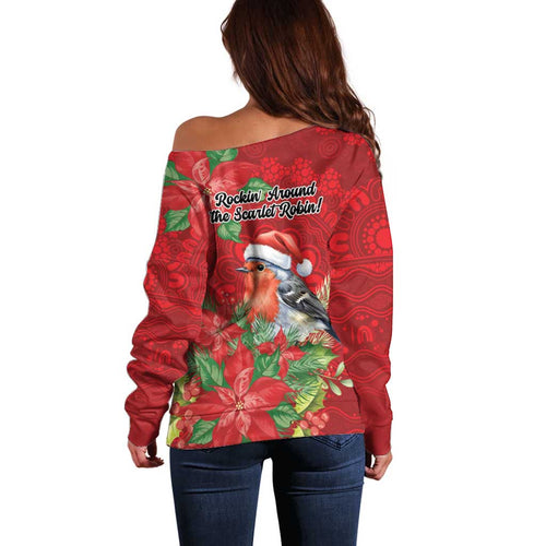 Australian Scarlet Robin Off Shoulder Sweater Aboriginal Inspired Christmas - Aussie Hoodie
