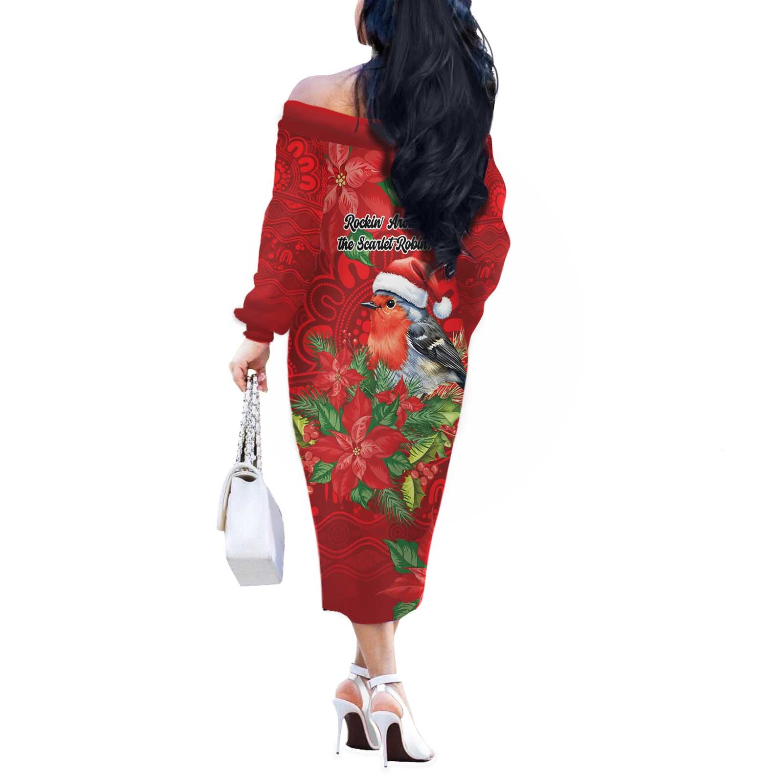 Australian Scarlet Robin Off The Shoulder Long Sleeve Dress Aboriginal Inspired Christmas - Aussie Hoodie