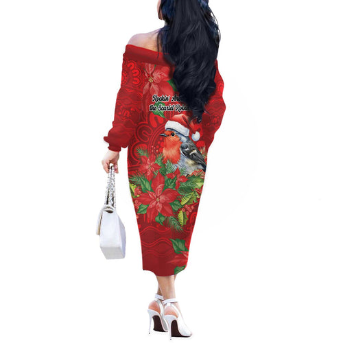 Australian Scarlet Robin Off The Shoulder Long Sleeve Dress Aboriginal Inspired Christmas - Aussie Hoodie