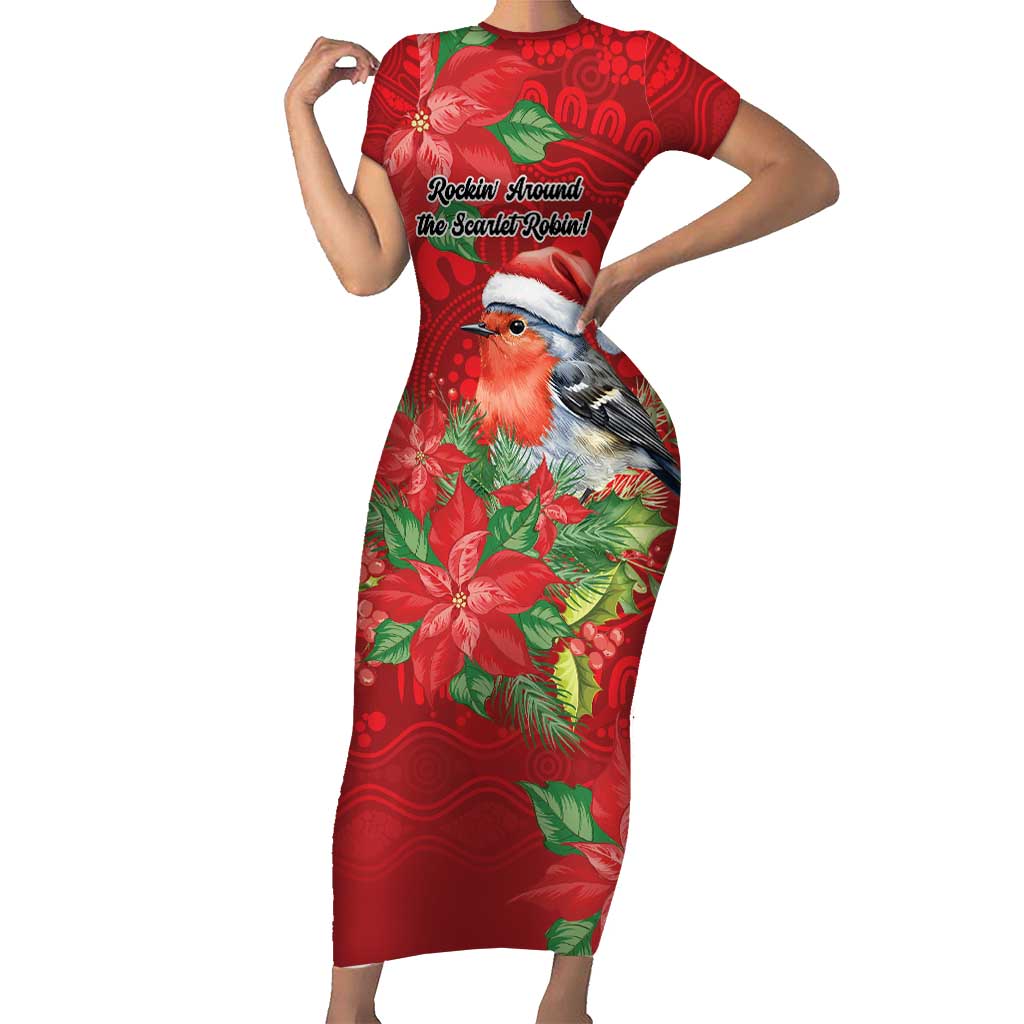 Australian Scarlet Robin Short Sleeve Bodycon Dress Aboriginal Inspired Christmas - Aussie Hoodie