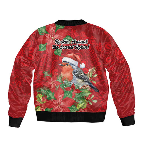 Australian Scarlet Robin Sleeve Zip Bomber Jacket Aboriginal Inspired Christmas - Aussie Hoodie