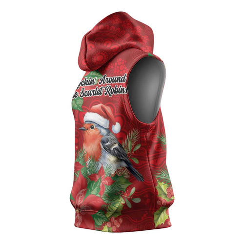 Australian Scarlet Robin Sleeveless Hoodie Aboriginal Inspired Christmas - Aussie Hoodie