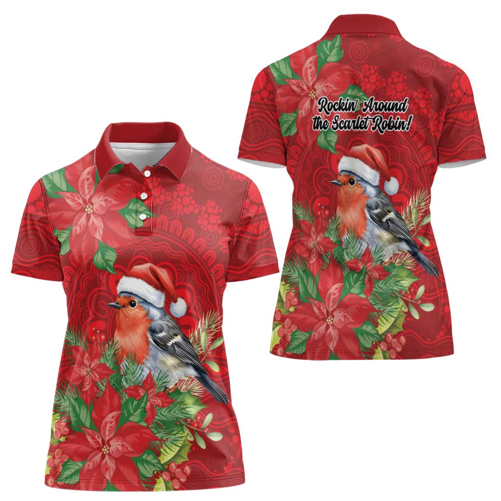 Australian Scarlet Robin Women Polo Shirt Aboriginal Inspired Christmas - Aussie Hoodie