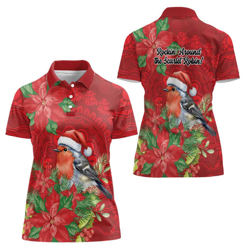 Australian Scarlet Robin Women Polo Shirt Aboriginal Inspired Christmas - Aussie Hoodie