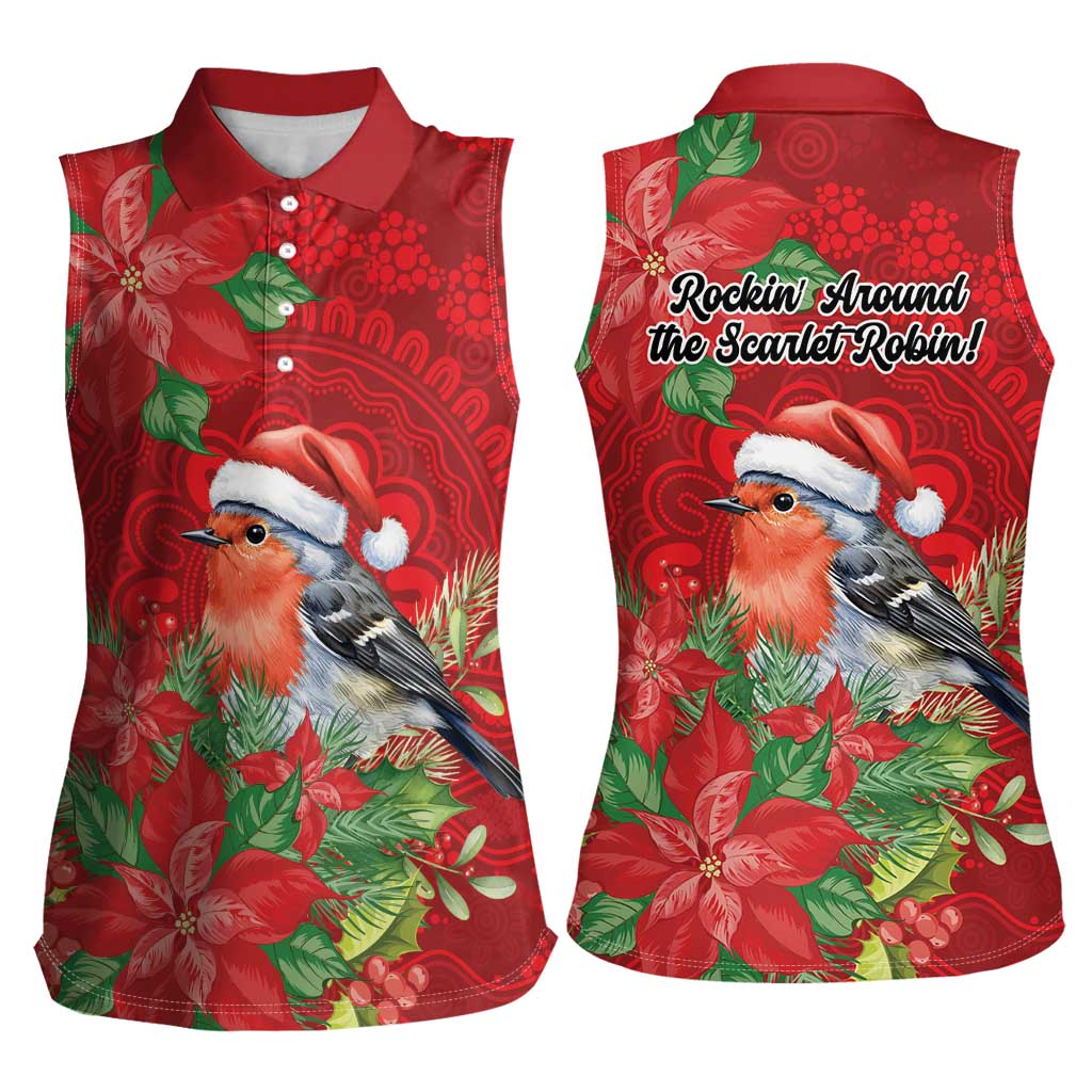 Australian Scarlet Robin Women Sleeveless Polo Shirt Aboriginal Inspired Christmas - Aussie Hoodie