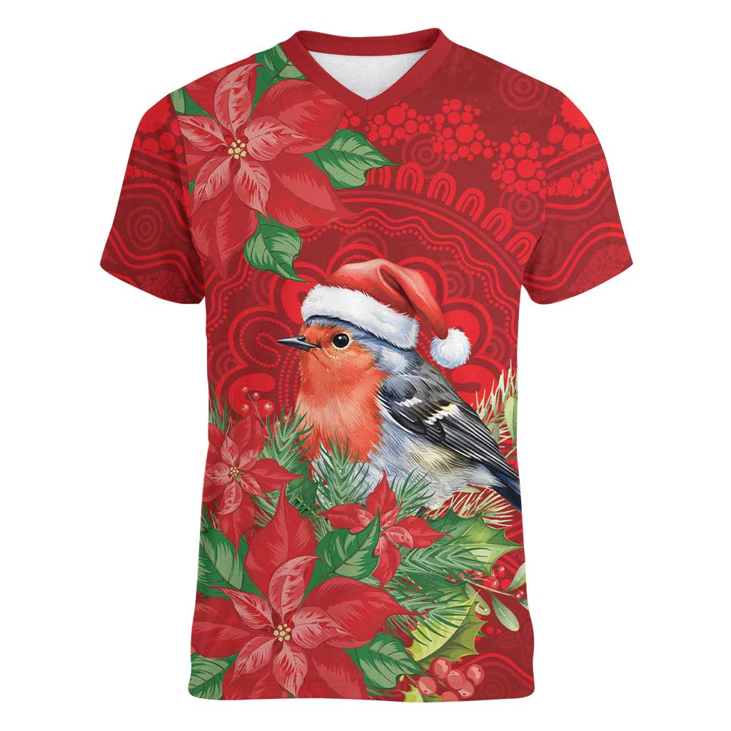 Australian Scarlet Robin Women V-Neck T-Shirt Aboriginal Inspired Christmas - Aussie Hoodie