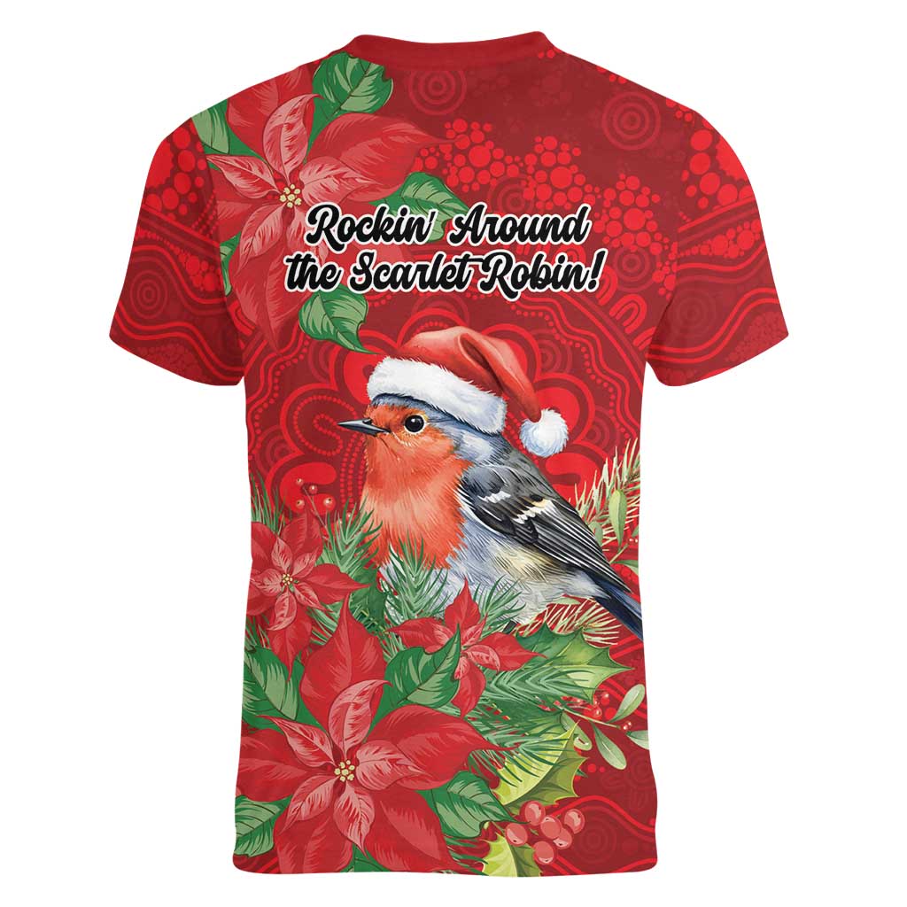 Australian Scarlet Robin Women V-Neck T-Shirt Aboriginal Inspired Christmas - Aussie Hoodie