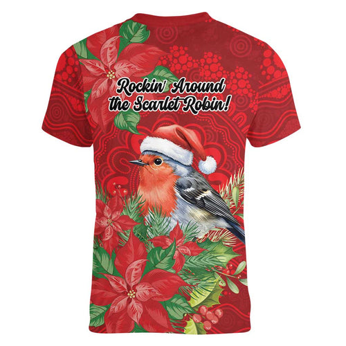 Australian Scarlet Robin Women V-Neck T-Shirt Aboriginal Inspired Christmas - Aussie Hoodie