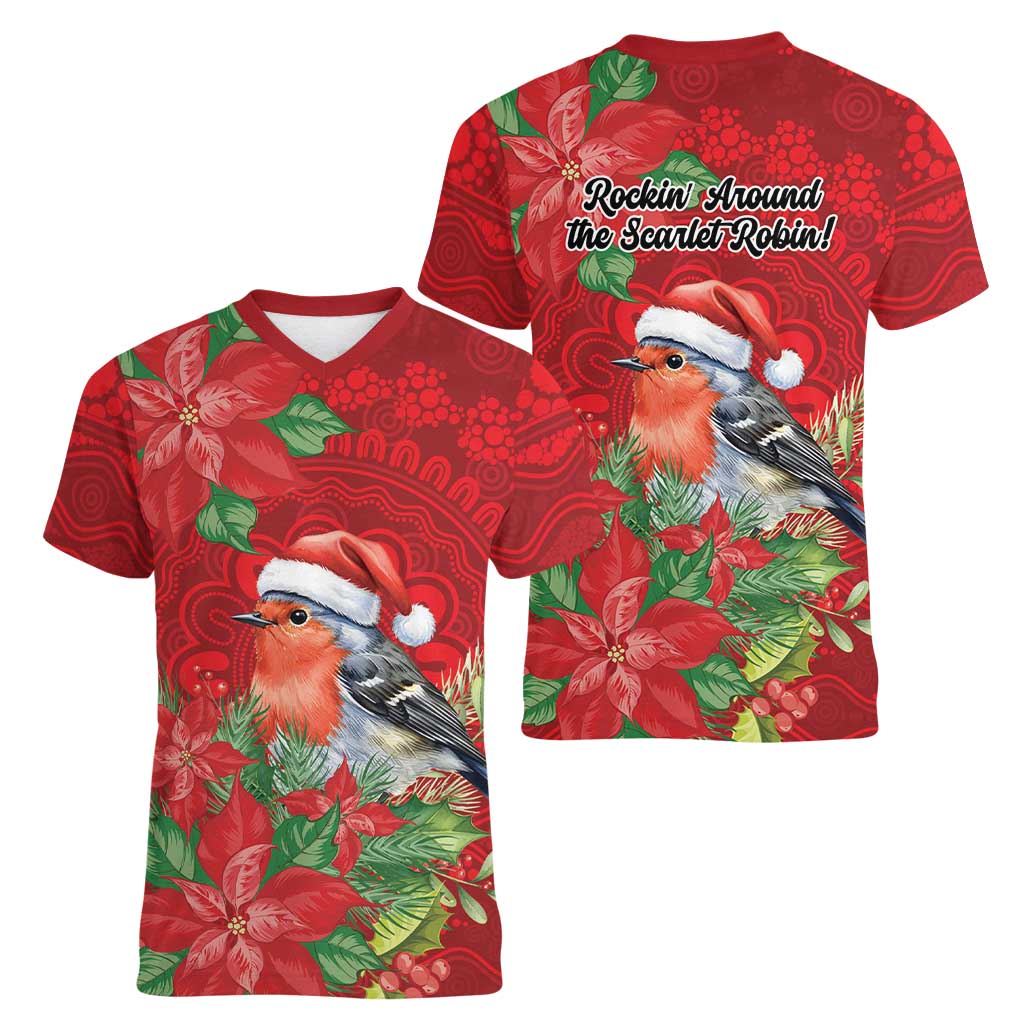 Australian Scarlet Robin Women V-Neck T-Shirt Aboriginal Inspired Christmas - Aussie Hoodie