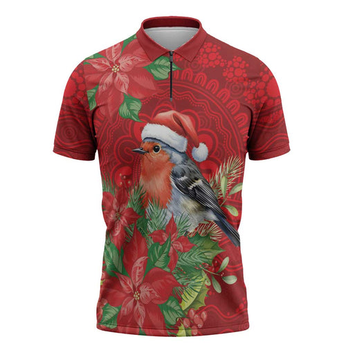 Australian Scarlet Robin Zipper Polo Shirt Aboriginal Inspired Christmas - Aussie Hoodie