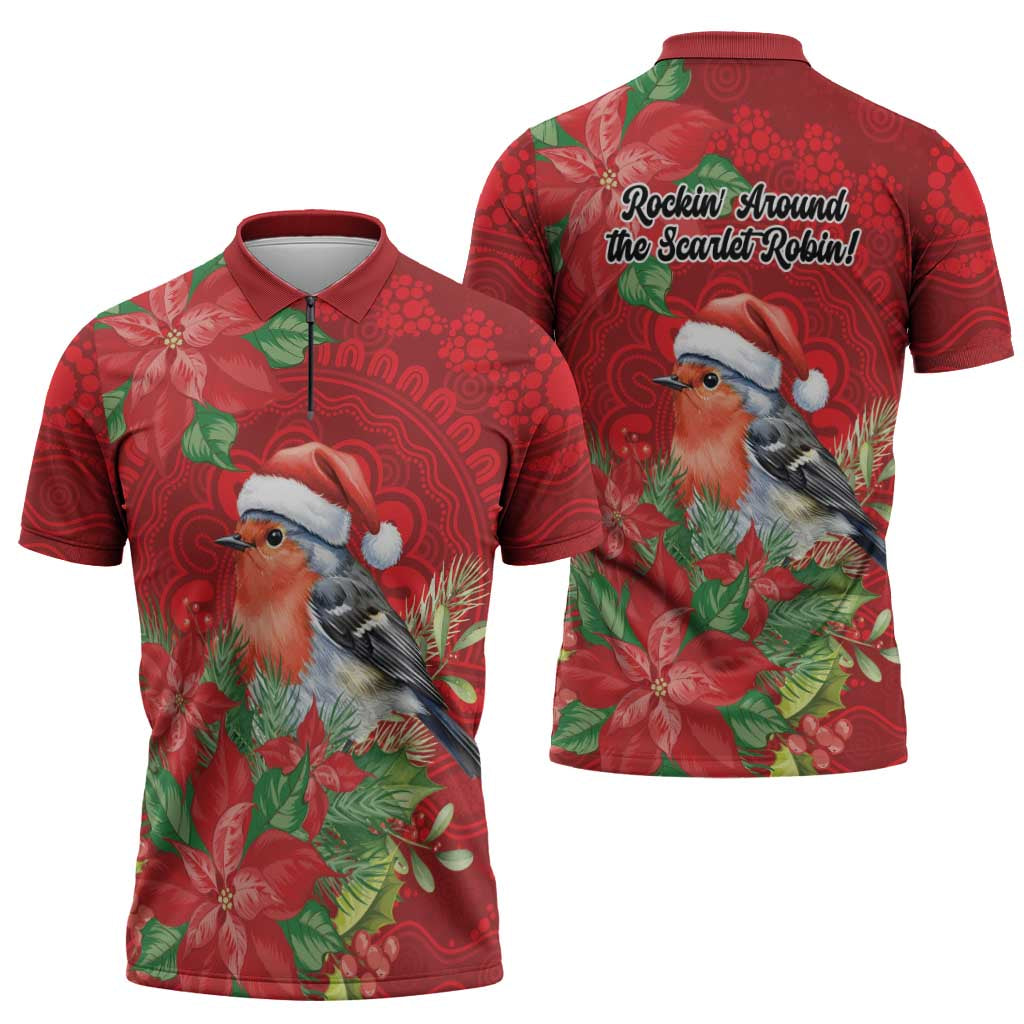 Australian Scarlet Robin Zipper Polo Shirt Aboriginal Inspired Christmas - Aussie Hoodie