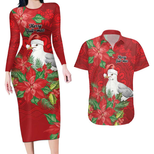 Australian Silver Gull Couples Matching Long Sleeve Bodycon Dress and Hawaiian Shirt Aboriginal Inspired Christmas - Aussie Hoodie