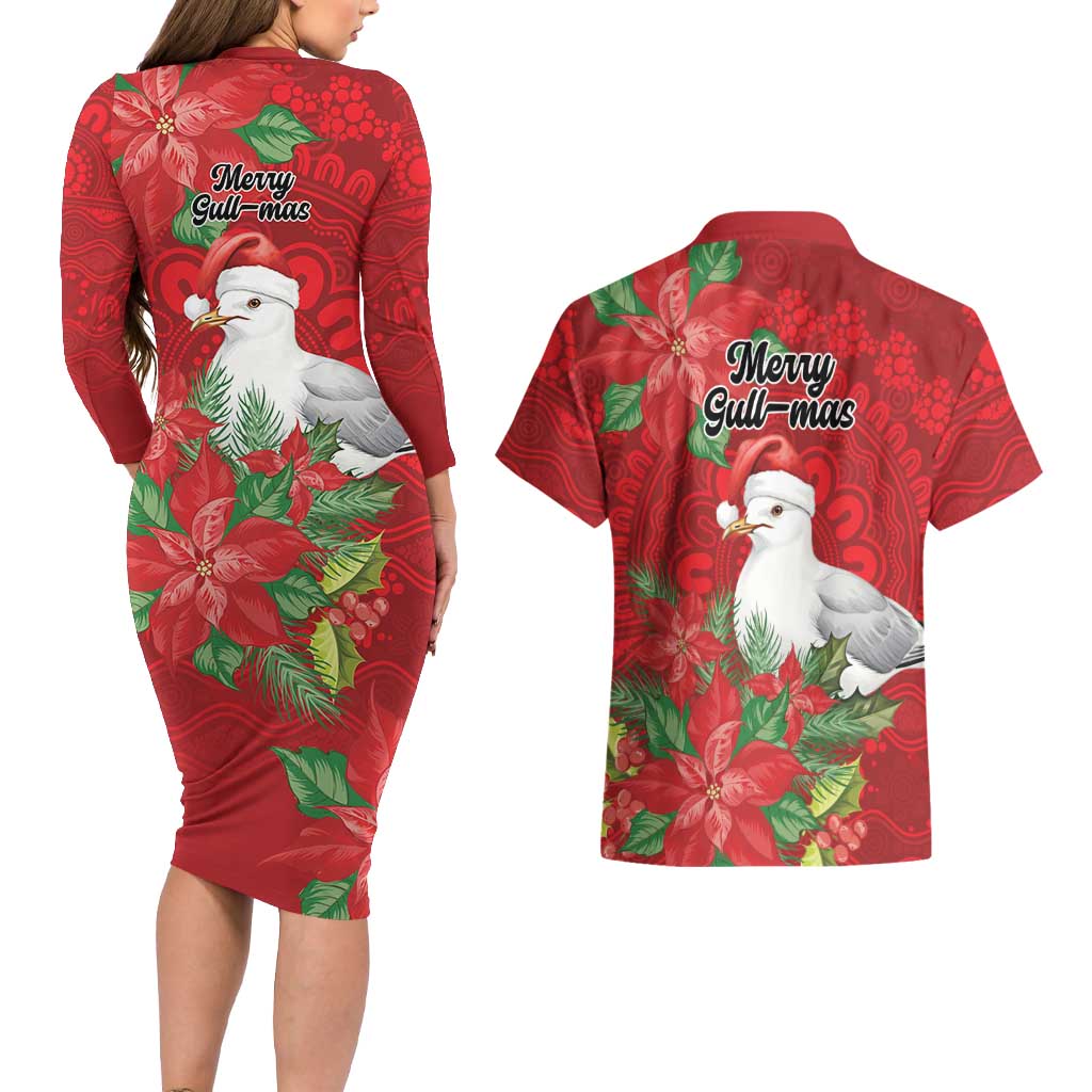 Australian Silver Gull Couples Matching Long Sleeve Bodycon Dress and Hawaiian Shirt Aboriginal Inspired Christmas - Aussie Hoodie