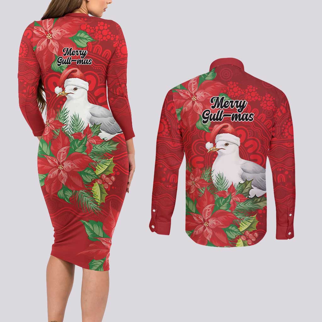 Australian Silver Gull Couples Matching Long Sleeve Bodycon Dress and Long Sleeve Button Shirt Aboriginal Inspired Christmas - Aussie Hoodie