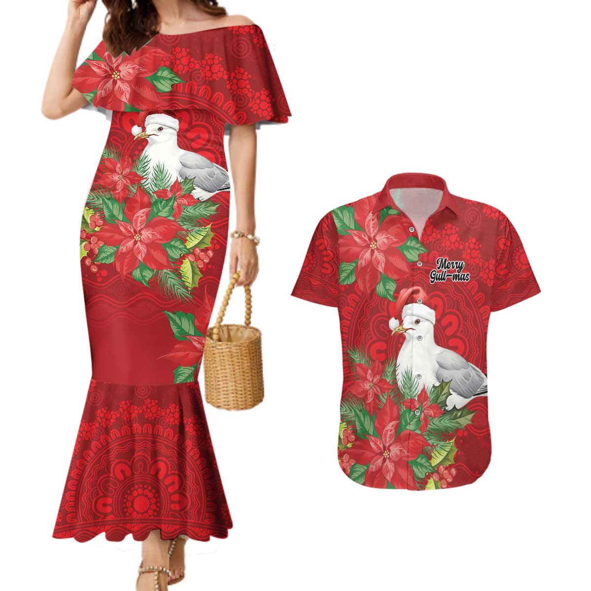 Australian Silver Gull Couples Matching Mermaid Dress and Hawaiian Shirt Aboriginal Inspired Christmas - Aussie Hoodie