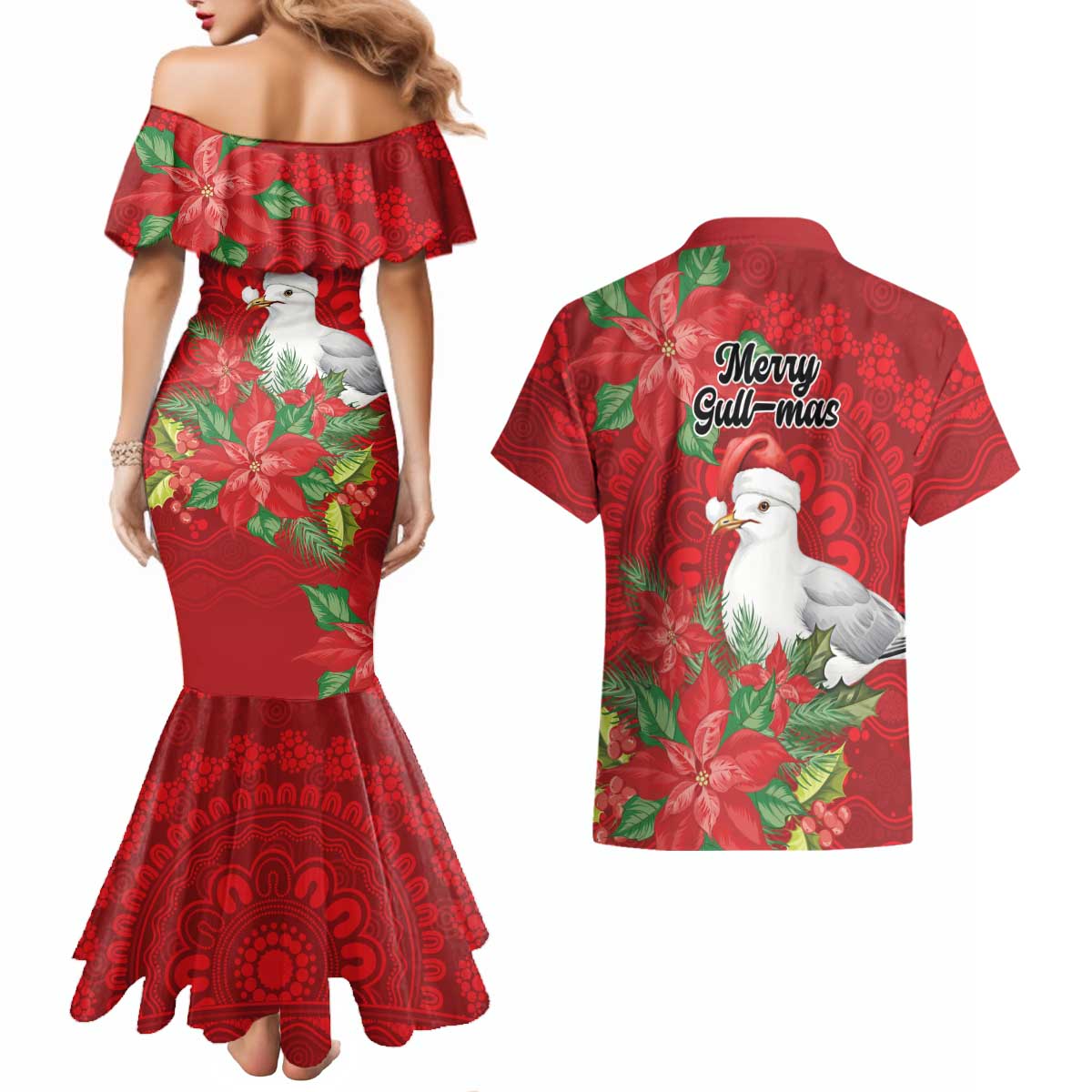 Australian Silver Gull Couples Matching Mermaid Dress and Hawaiian Shirt Aboriginal Inspired Christmas - Aussie Hoodie