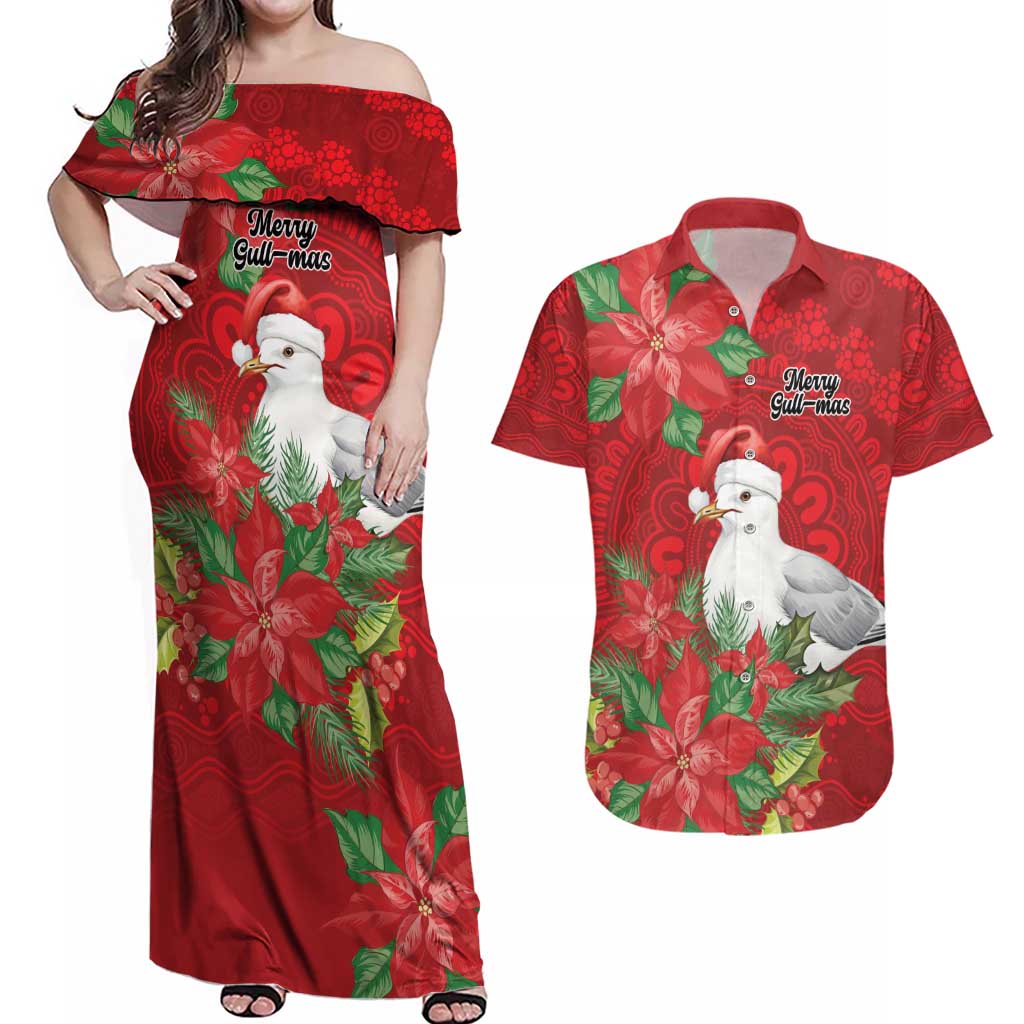 Australian Silver Gull Couples Matching Off Shoulder Maxi Dress and Hawaiian Shirt Aboriginal Inspired Christmas - Aussie Hoodie