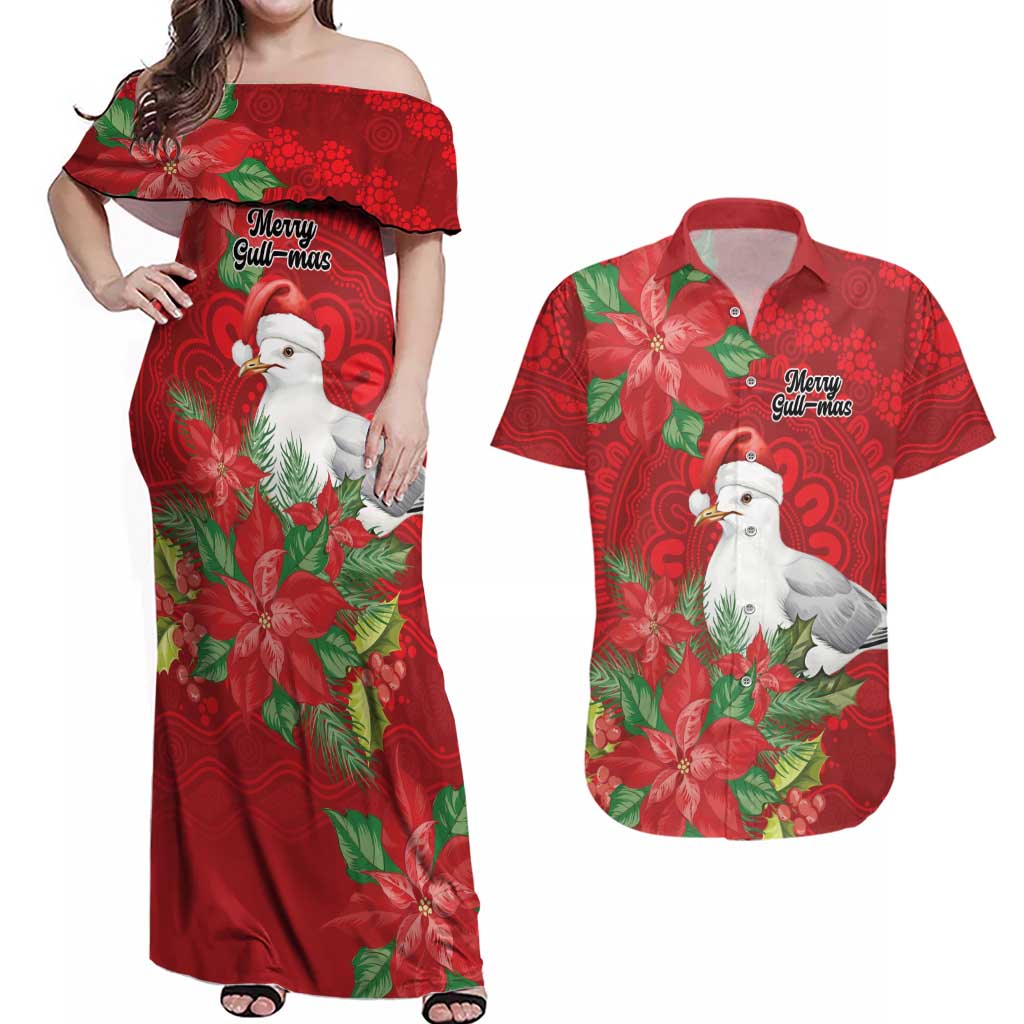 Australian Silver Gull Couples Matching Off Shoulder Maxi Dress and Hawaiian Shirt Aboriginal Inspired Christmas - Aussie Hoodie