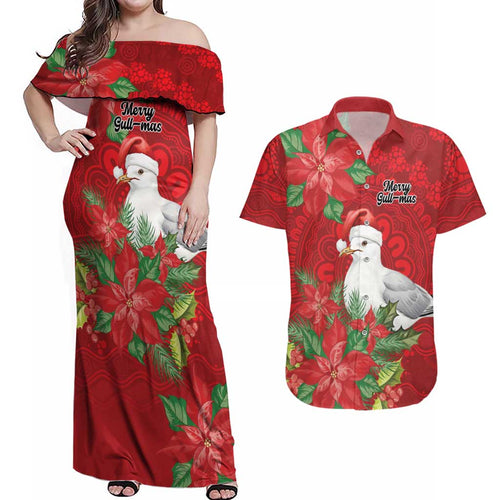 Australian Silver Gull Couples Matching Off Shoulder Maxi Dress and Hawaiian Shirt Aboriginal Inspired Christmas - Aussie Hoodie