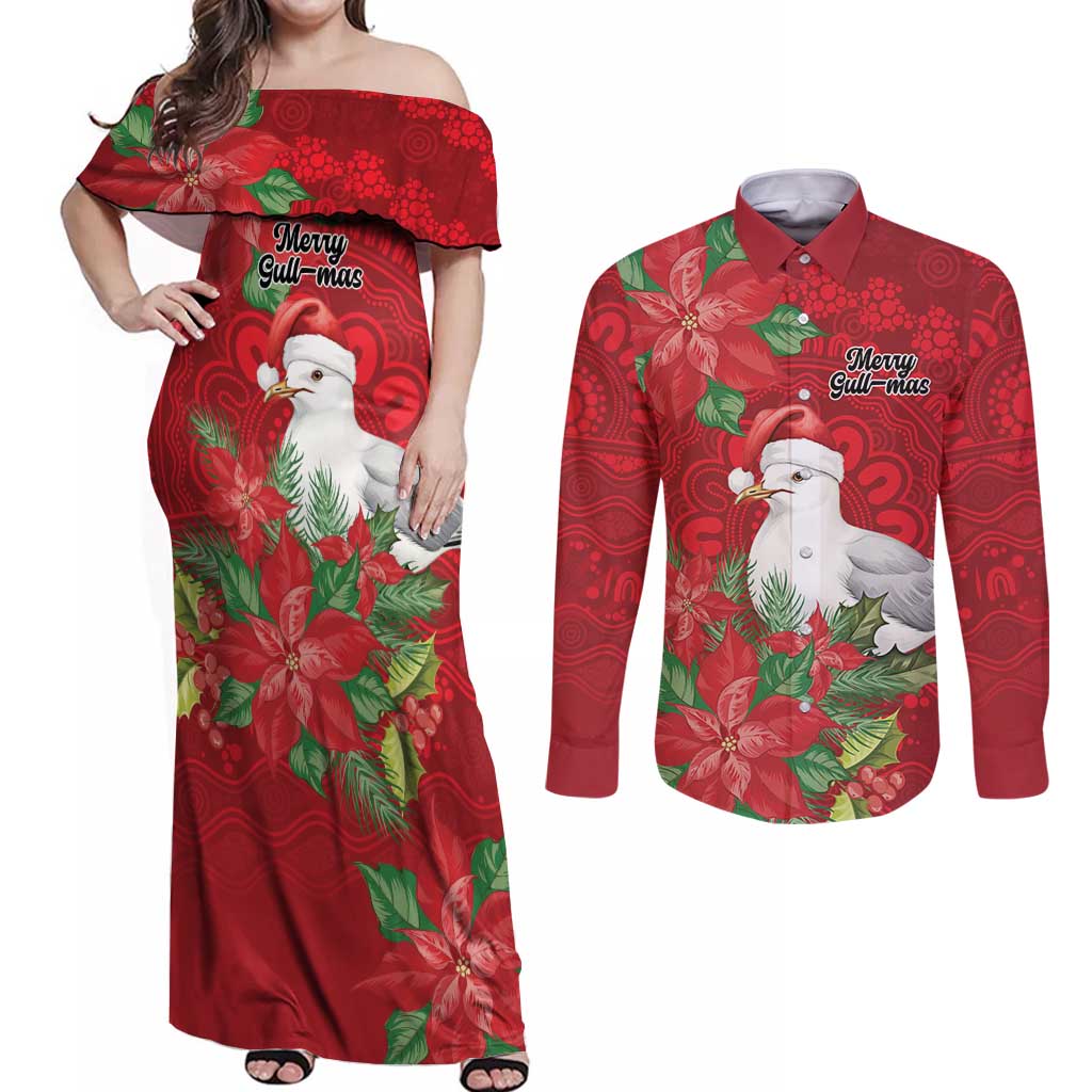 Australian Silver Gull Couples Matching Off Shoulder Maxi Dress and Long Sleeve Button Shirt Aboriginal Inspired Christmas - Aussie Hoodie