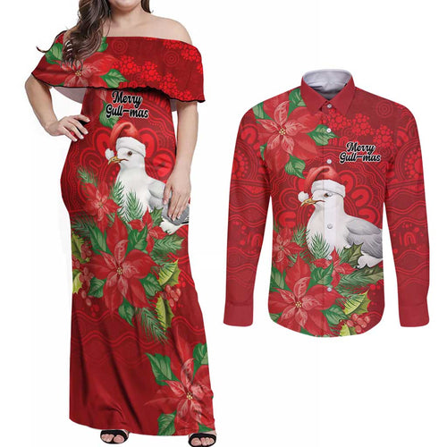 Australian Silver Gull Couples Matching Off Shoulder Maxi Dress and Long Sleeve Button Shirt Aboriginal Inspired Christmas - Aussie Hoodie