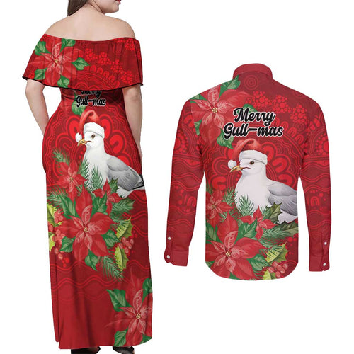 Australian Silver Gull Couples Matching Off Shoulder Maxi Dress and Long Sleeve Button Shirt Aboriginal Inspired Christmas - Aussie Hoodie