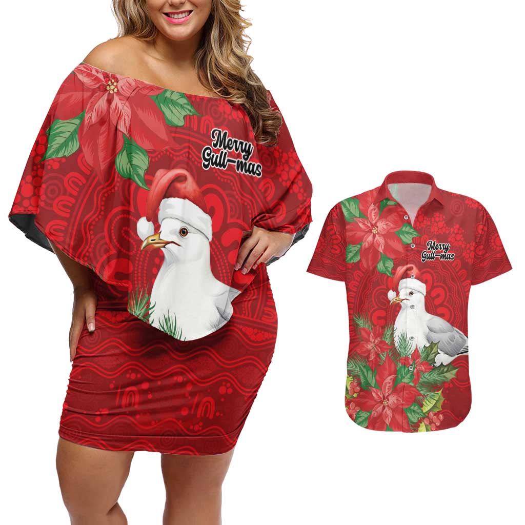 Australian Silver Gull Couples Matching Off Shoulder Short Dress and Hawaiian Shirt Aboriginal Inspired Christmas - Aussie Hoodie