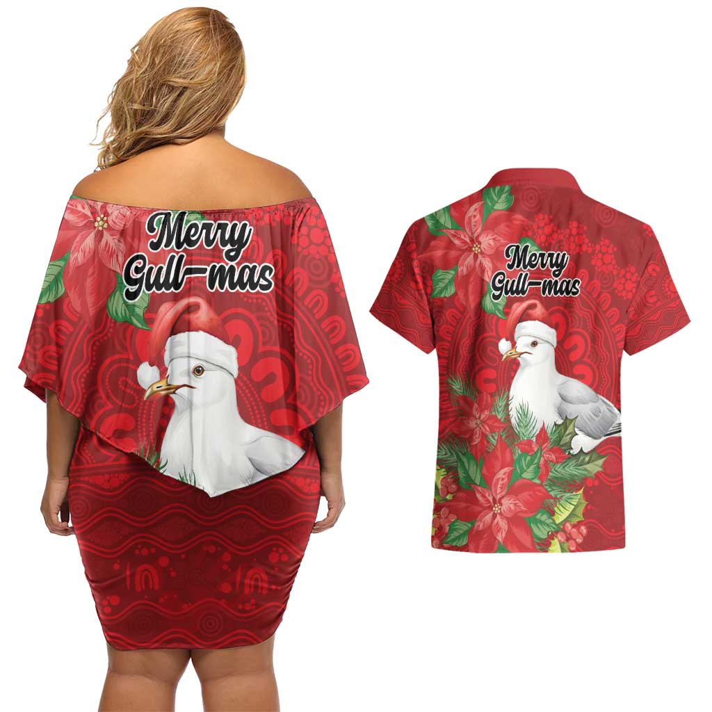 Australian Silver Gull Couples Matching Off Shoulder Short Dress and Hawaiian Shirt Aboriginal Inspired Christmas - Aussie Hoodie