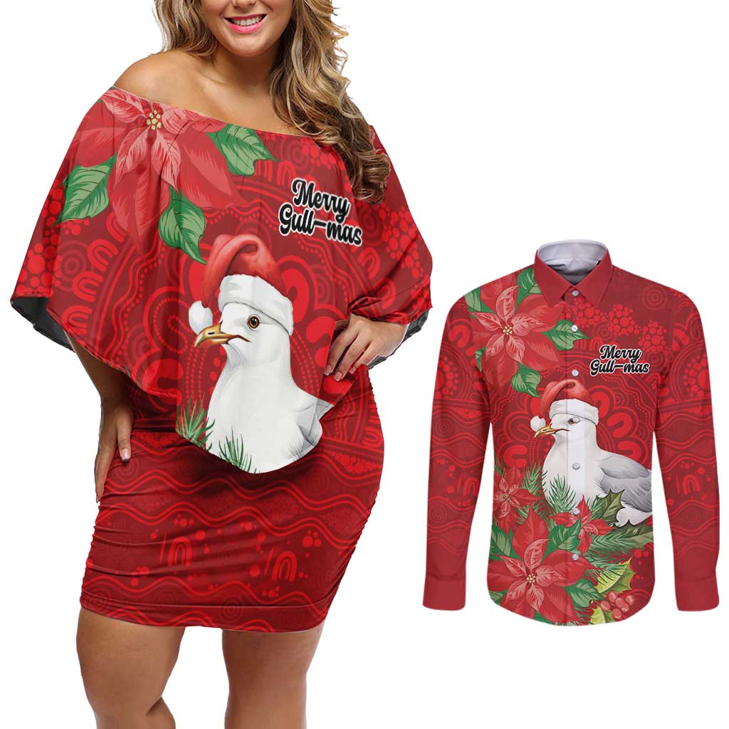 Australian Silver Gull Couples Matching Off Shoulder Short Dress and Long Sleeve Button Shirt Aboriginal Inspired Christmas - Aussie Hoodie