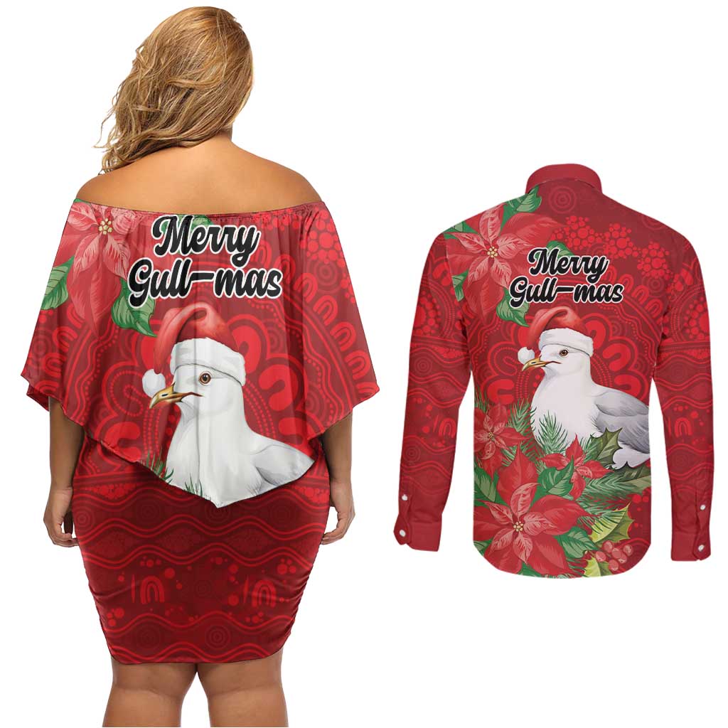 Australian Silver Gull Couples Matching Off Shoulder Short Dress and Long Sleeve Button Shirt Aboriginal Inspired Christmas - Aussie Hoodie