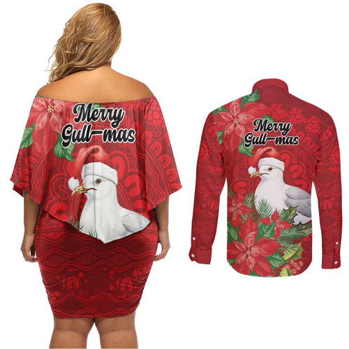 Australian Silver Gull Couples Matching Off Shoulder Short Dress and Long Sleeve Button Shirt Aboriginal Inspired Christmas - Aussie Hoodie