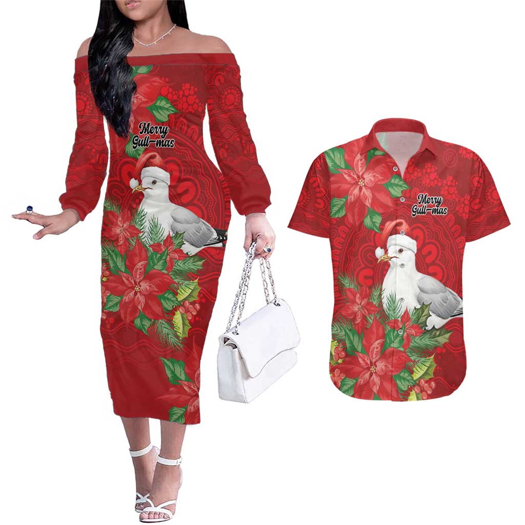 Australian Silver Gull Couples Matching Off The Shoulder Long Sleeve Dress and Hawaiian Shirt Aboriginal Inspired Christmas - Aussie Hoodie