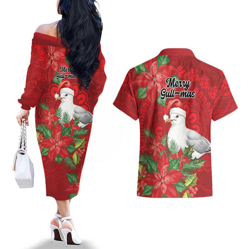 Australian Silver Gull Couples Matching Off The Shoulder Long Sleeve Dress and Hawaiian Shirt Aboriginal Inspired Christmas - Aussie Hoodie