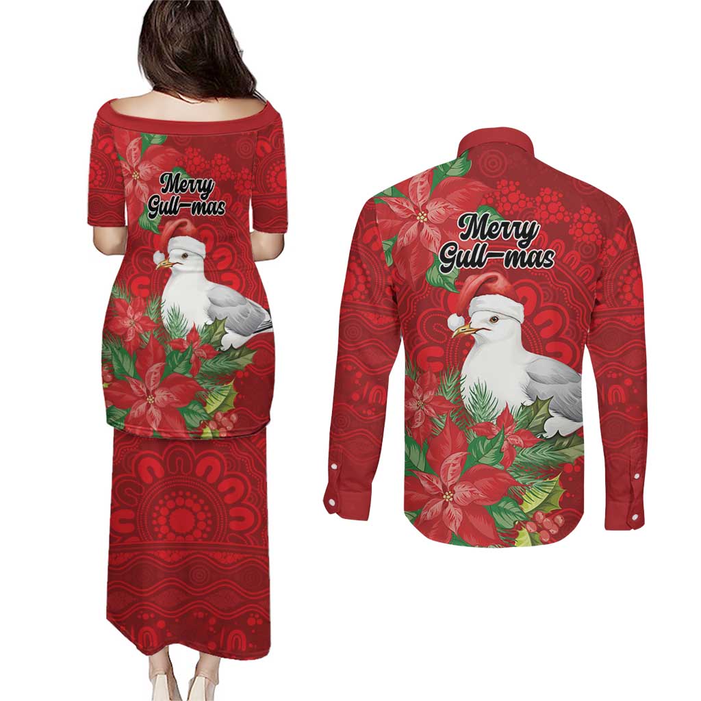 Australian Silver Gull Couples Matching Puletasi and Long Sleeve Button Shirt Aboriginal Inspired Christmas - Aussie Hoodie
