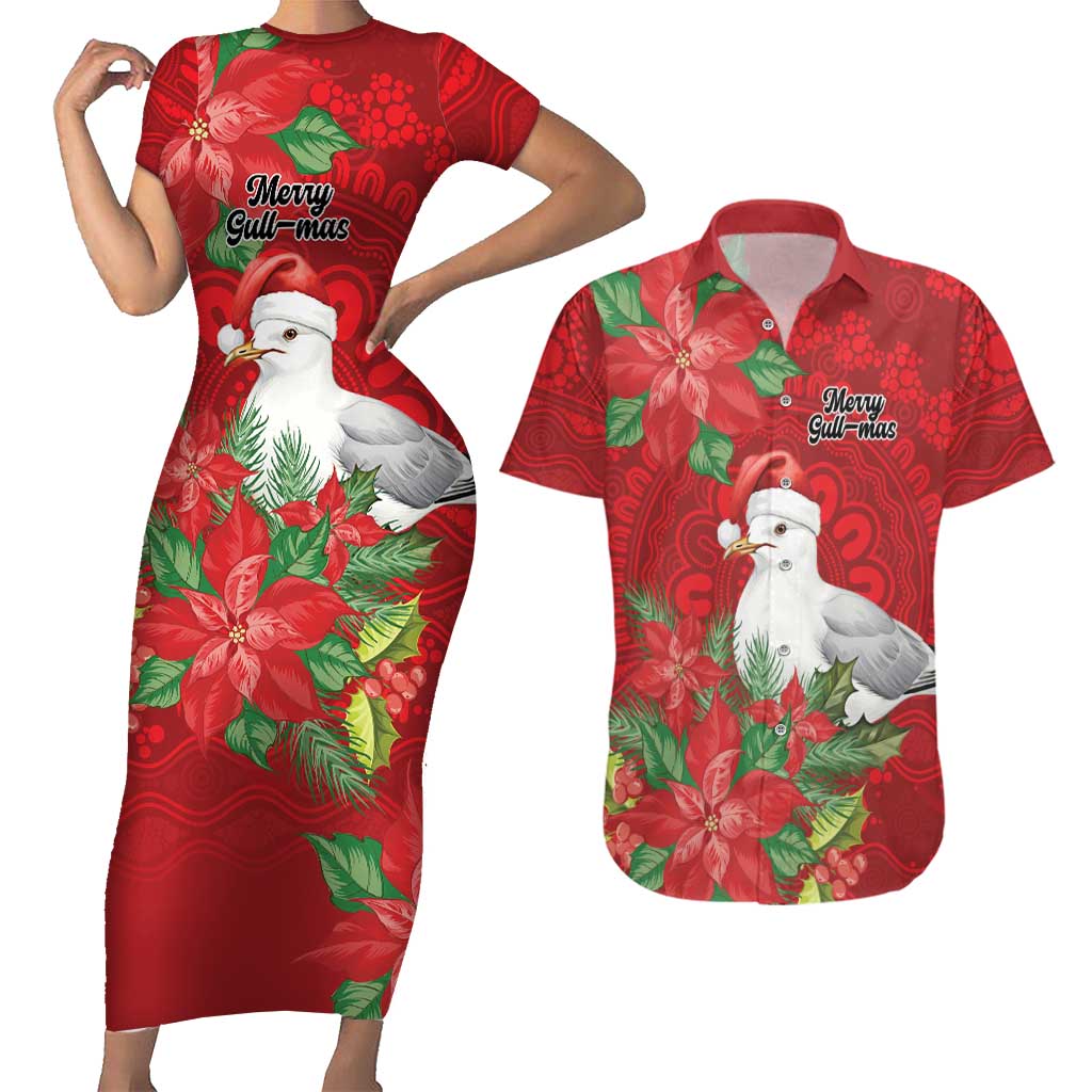 Australian Silver Gull Couples Matching Short Sleeve Bodycon Dress and Hawaiian Shirt Aboriginal Inspired Christmas - Aussie Hoodie