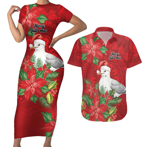 Australian Silver Gull Couples Matching Short Sleeve Bodycon Dress and Hawaiian Shirt Aboriginal Inspired Christmas - Aussie Hoodie