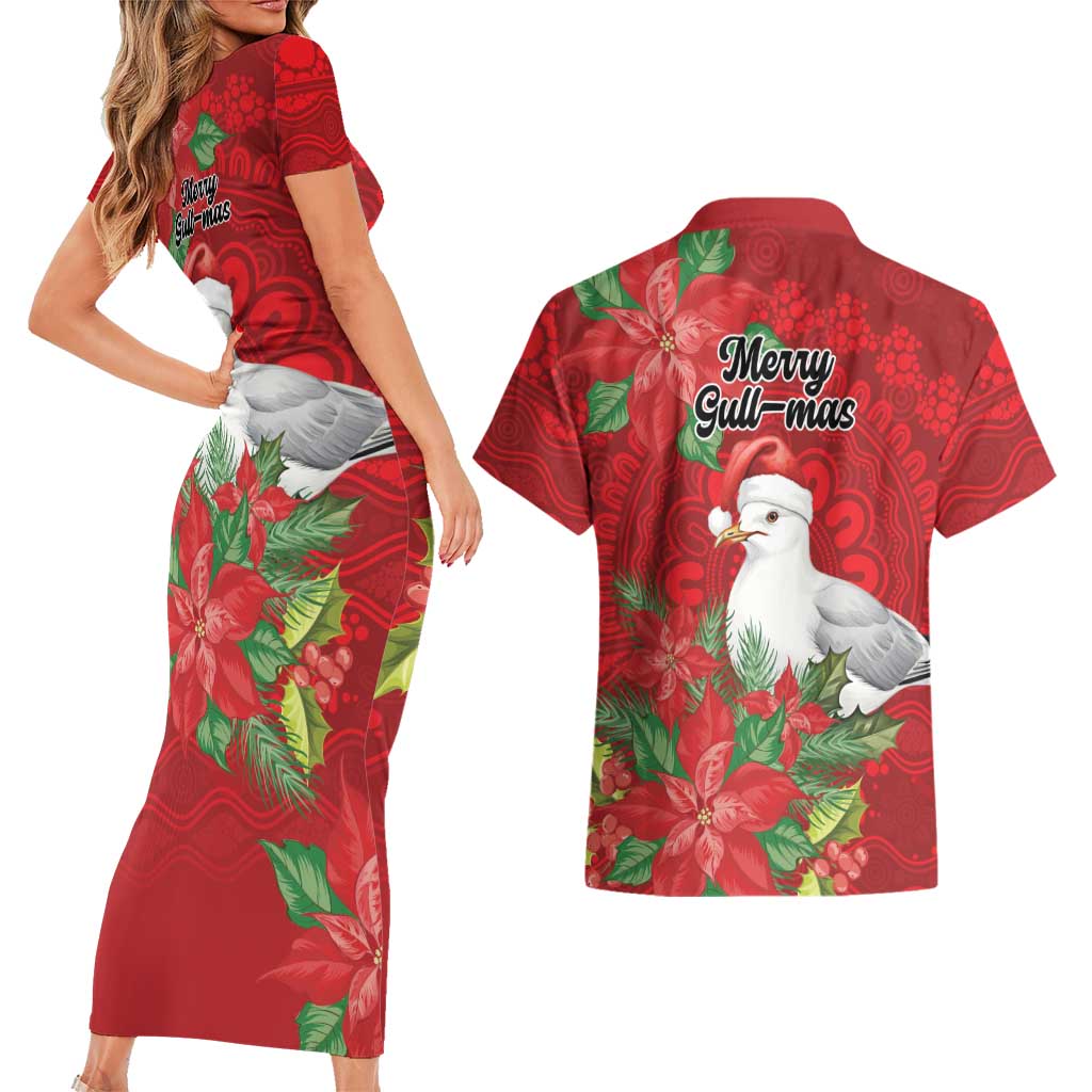 Australian Silver Gull Couples Matching Short Sleeve Bodycon Dress and Hawaiian Shirt Aboriginal Inspired Christmas - Aussie Hoodie