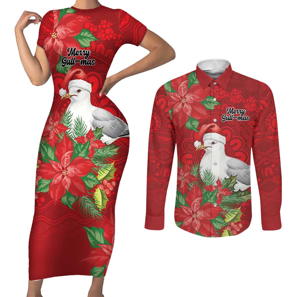 Australian Silver Gull Couples Matching Short Sleeve Bodycon Dress and Long Sleeve Button Shirt Aboriginal Inspired Christmas - Aussie Hoodie