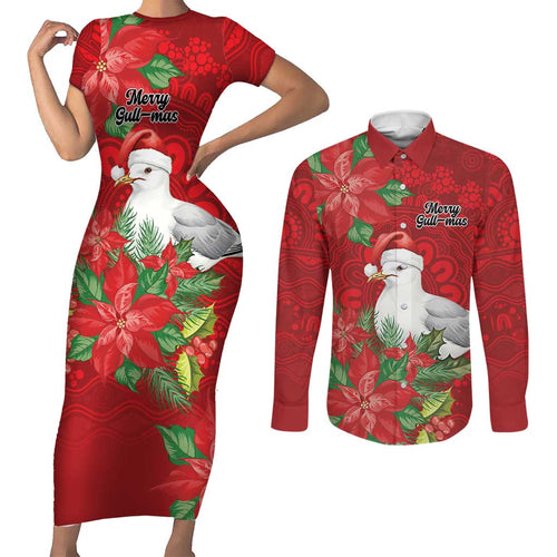 Australian Silver Gull Couples Matching Short Sleeve Bodycon Dress and Long Sleeve Button Shirt Aboriginal Inspired Christmas - Aussie Hoodie
