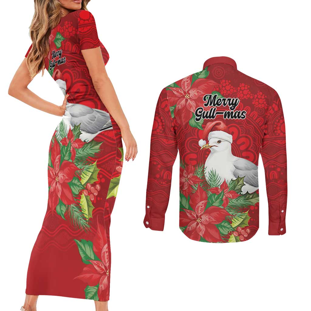 Australian Silver Gull Couples Matching Short Sleeve Bodycon Dress and Long Sleeve Button Shirt Aboriginal Inspired Christmas - Aussie Hoodie