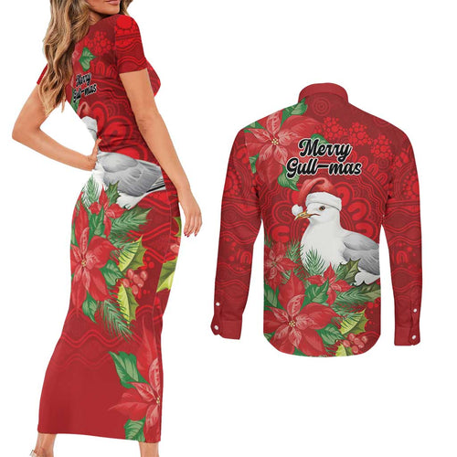 Australian Silver Gull Couples Matching Short Sleeve Bodycon Dress and Long Sleeve Button Shirt Aboriginal Inspired Christmas - Aussie Hoodie