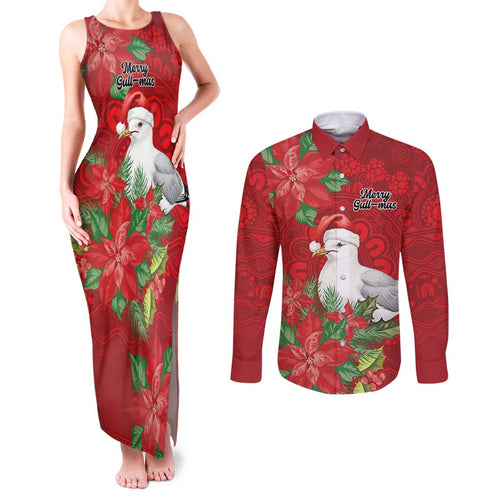 Australian Silver Gull Couples Matching Tank Maxi Dress and Long Sleeve Button Shirt Aboriginal Inspired Christmas - Aussie Hoodie