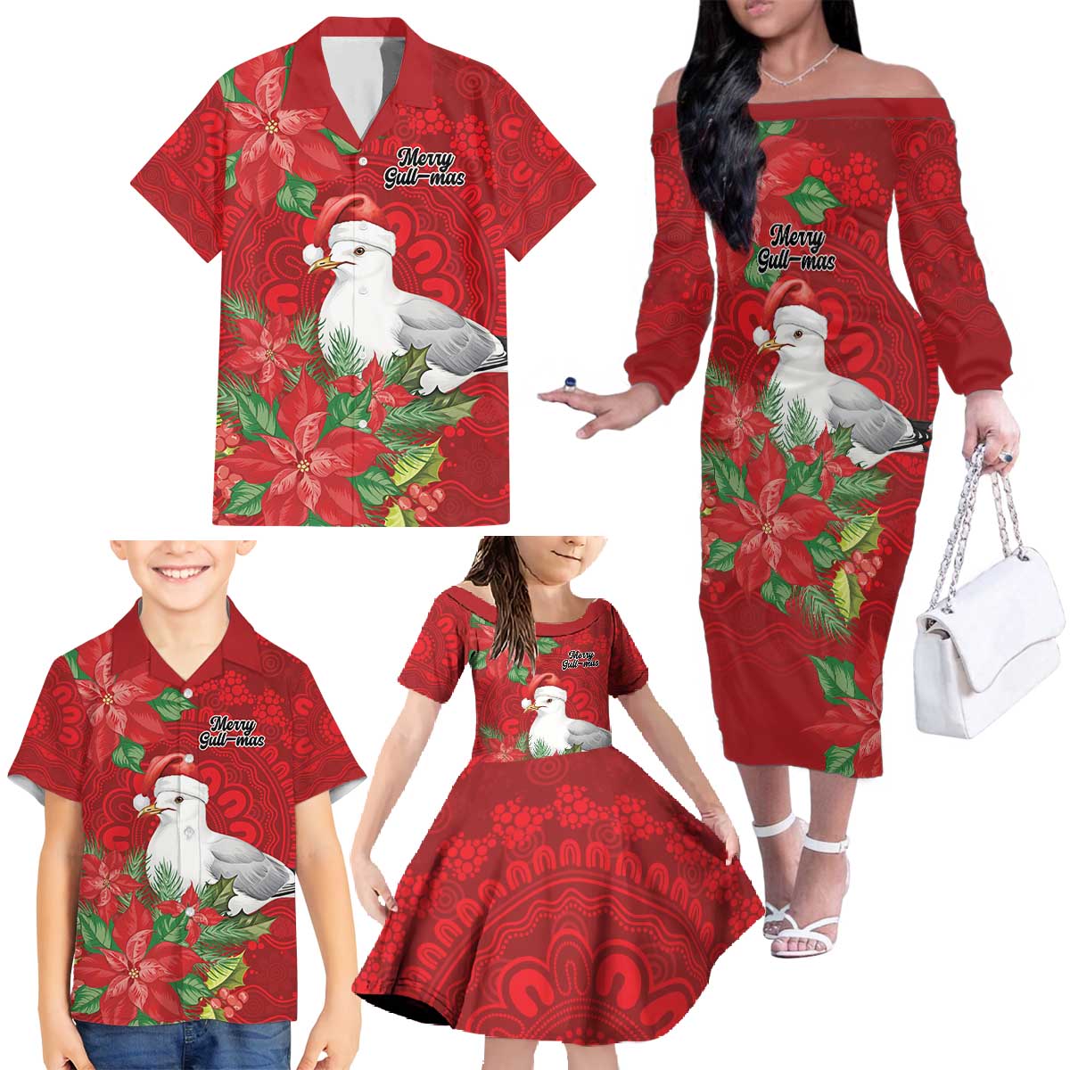 Australian Silver Gull Family Matching Off The Shoulder Long Sleeve Dress and Hawaiian Shirt Aboriginal Inspired Christmas - Aussie Hoodie