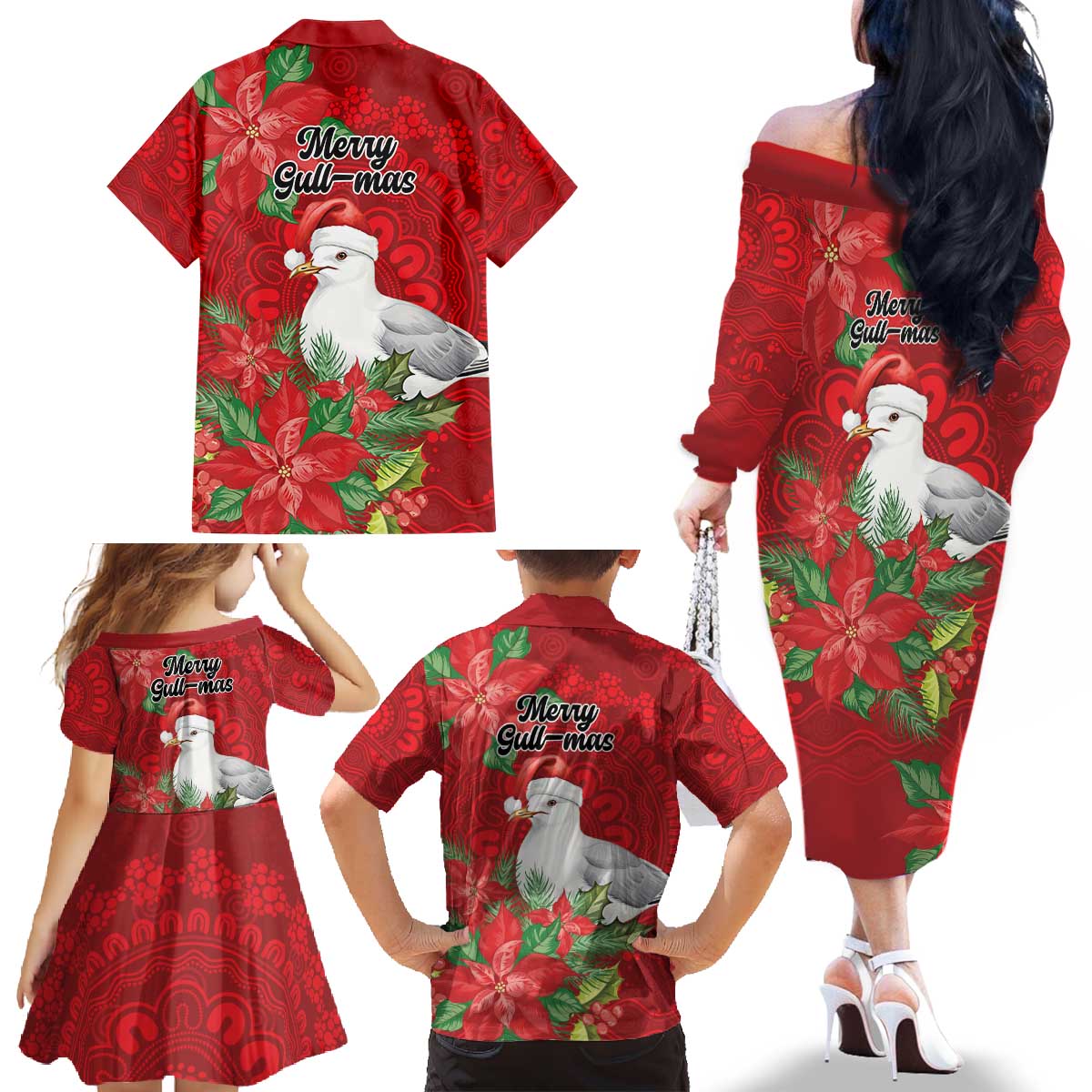 Australian Silver Gull Family Matching Off The Shoulder Long Sleeve Dress and Hawaiian Shirt Aboriginal Inspired Christmas - Aussie Hoodie