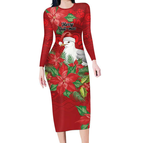 Australian Silver Gull Long Sleeve Bodycon Dress Aboriginal Inspired Christmas - Aussie Hoodie